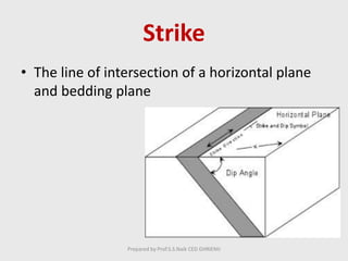 Strike
• The line of intersection of a horizontal plane
and bedding plane
Prepared by Prof.S.S.Naik CED GHRIEMJ
 