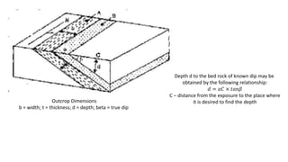 Outcrop Dimensions
b = width; t = thickness; d = depth; beta = true dip
Depth d to the bed rock of known dip may be
obtained by the following relationship:
𝑑 = 𝑎𝐶 × 𝑡𝑎𝑛𝛽
C – distance from the exposure to the place where
it is desired to find the depth
 
