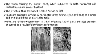 The strata forming the earth’s crust, when subjected to both horizontal and
vertical forces are bent or buckled
The structure thus developed is called flexure or fold
Folds are generally formed by horizontal forces acting at the two ends of a single
bed or multiple beds of a stratified rocks
Folds are formed when one or a stalk of originally flat or planar surfaces are bent
or curved as a result of permanent deformation
 