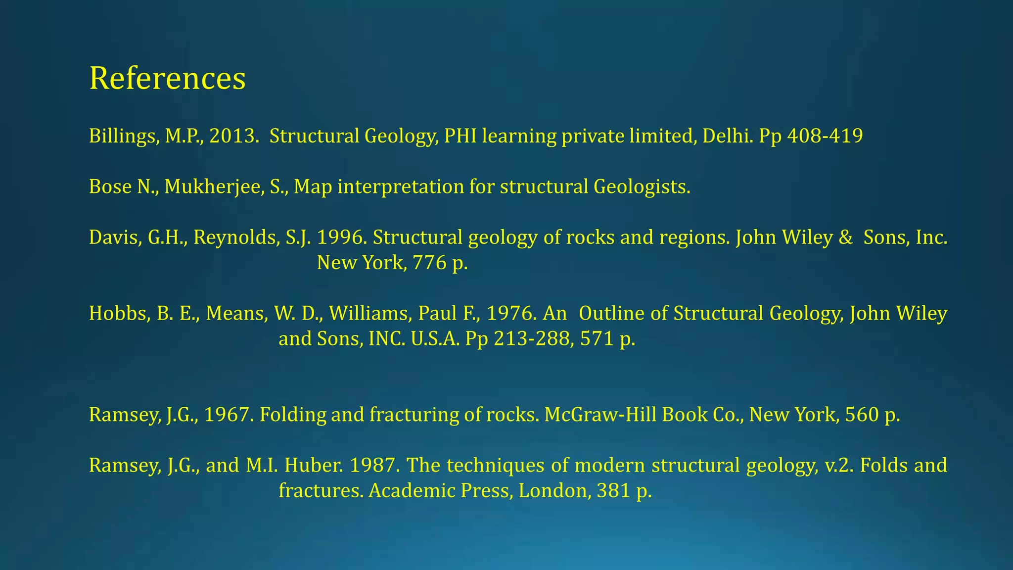 References
Billings, M.P., 2013. Structural Geology, PHI learning private limited, Delhi. Pp 408-419
Bose N., Mukherjee, S., Map interpretation for structural Geologists.
Davis, G.H., Reynolds, S.J. 1996. Structural geology of rocks and regions. John Wiley & Sons, Inc.
New York, 776 p.
Hobbs, B. E., Means, W. D., Williams, Paul F., 1976. An Outline of Structural Geology, John Wiley
and Sons, INC. U.S.A. Pp 213-288, 571 p.
Ramsey, J.G., 1967. Folding and fracturing of rocks. McGraw-Hill Book Co., New York, 560 p.
Ramsey, J.G., and M.I. Huber. 1987. The techniques of modern structural geology, v.2. Folds and
fractures. Academic Press, London, 381 p.
 