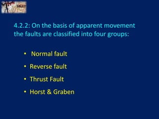 4.2.2: On the basis of apparent movement
the faults are classified into four groups:
• Normal fault
• Reverse fault
• Thrust Fault
• Horst & Graben
 