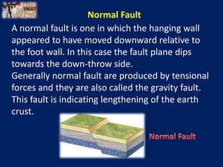 Normal Fault
A normal fault is one in which the hanging wall
appeared to have moved downward relative to
the foot wall. In this case the fault plane dips
towards the down-throw side.
Generally normal fault are produced by tensional
forces and they are also called the gravity fault.
This fault is indicating lengthening of the earth
crust.
 