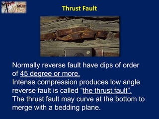 Normally reverse fault have dips of order
of 45 degree or more.
Intense compression produces low angle
reverse fault is called “the thrust fault”.
The thrust fault may curve at the bottom to
merge with a bedding plane.
Thrust Fault
 