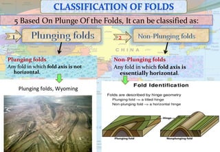 5 Based On Plunge Of the Folds, It can be classified as:
1 2
Plunging folds
Any fold in which fold axis is not
horizontal.
Non-Plunging folds
Any fold in which fold axis is
essentially horizontal.
 