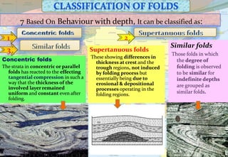 7 Based On Behaviour with depth, It can be classified as:
1
3 Supertanuous folds
These showing differences in
thickness at crest and the
trough regions, not induced
by folding process but
essentially being due to
erosional & depositional
processes operating in the
folding regions.
Concentric folds
The strata in concentric or parallel
folds has reacted to the effecting
tangential compression in such a
way that the thickness of the
involved layer remained
uniform and constant even after
folding.
2
Similar folds
Those folds in which
the degree of
folding is observed
to be similar for
indefinite depths
are grouped as
similar folds.
 