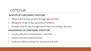 -continue
BENEFITS OF FUNCTIONAL STRUCTURE
1. Efficient Distribution of work through Specialization.
2. Delegation of day to day operational functions.
3. Provides time for top management to focus on strategic decisions.
DISADVATAGES OF FUNCTIONAL STRUCTURE
1. Creates difficulty in Coordination –Functions
2. Create only narrow specialization.
3. Leads to conflicts among Line, functional and staff.
 