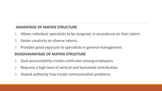 ADVANTAGE OF MATRIX STRUCTURE
1. Allows individual specialists to be assigned; in accordance on their talent.
2. Foster creativity on diverse talents.
3. Provides good exposure to specialists in general management.
DISADVAVANTAGE OF MATRIX STRUCTURE
1. Dual accountability creates confusion among employees.
2. Requires a high level of vertical and horizontal contribution.
3. Shared authority may create communication problems.
 