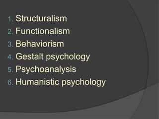 1. Structuralism
2. Functionalism
3. Behaviorism
4. Gestalt psychology
5. Psychoanalysis
6. Humanistic psychology
 