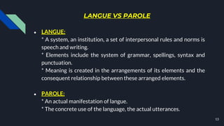 LANGUE VS PAROLE
● LANGUE:
* A system, an institution, a set of interpersonal rules and norms is
speech and writing.
* Elements include the system of grammar, spellings, syntax and
punctuation.
* Meaning is created in the arrangements of its elements and the
consequent relationship between these arranged elements.
● PAROLE:
* An actual manifestation of langue.
* The concrete use of the language, the actual utterances.
13
 