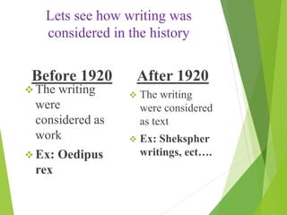 Lets see how writing was
considered in the history
Before 1920
 The writing
were
considered as
work
 Ex: Oedipus
rex
After 1920
 The writing
were considered
as text
 Ex: Shekspher
writings, ect….
 