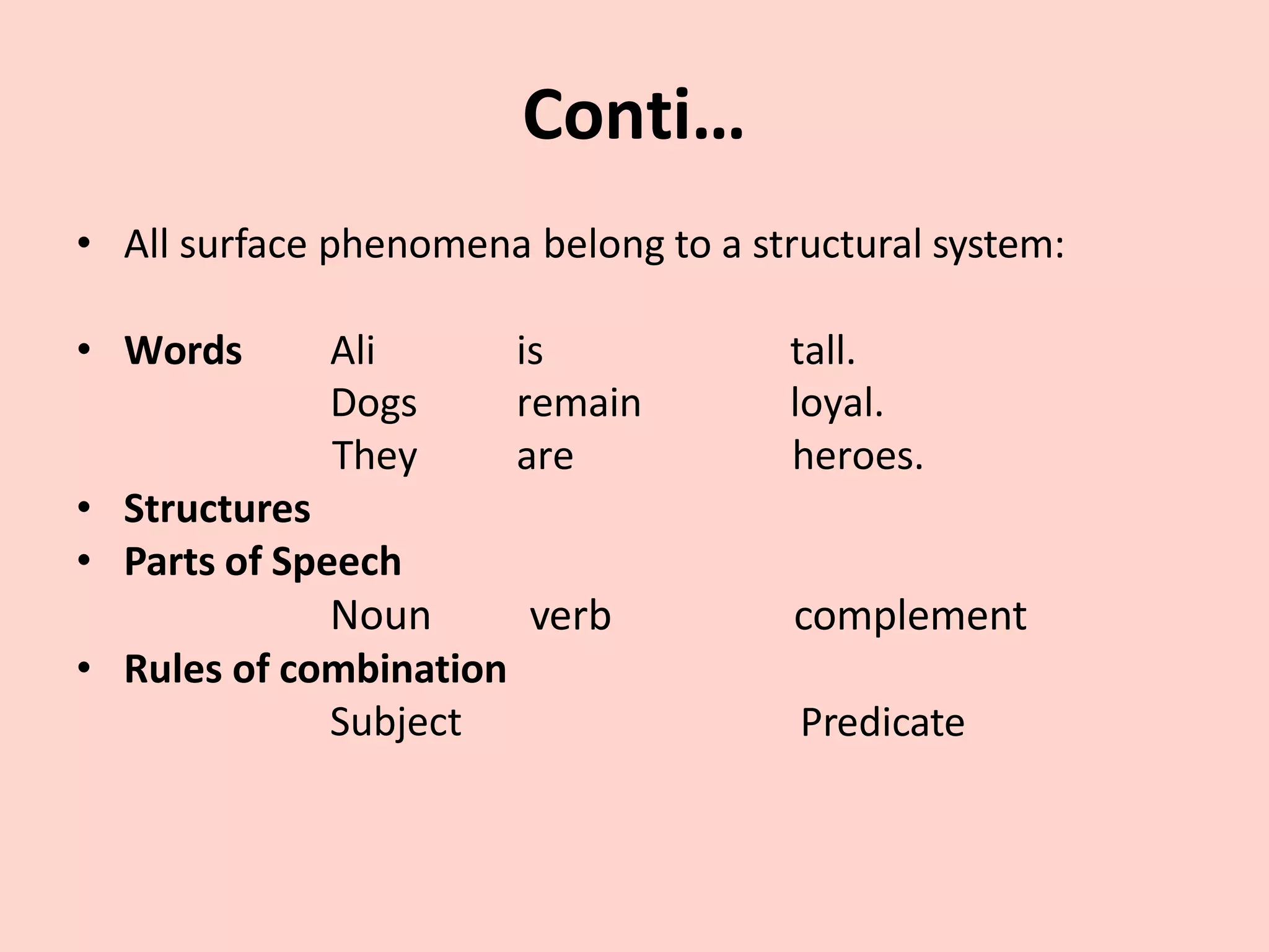 Conti…
• All surface phenomena belong to a structural system:
• Words Ali is tall.
Dogs remain loyal.
They are heroes.
• Structures
• Parts of Speech
Noun
• Rules of combination
Subject
verb complement
Predicate
 