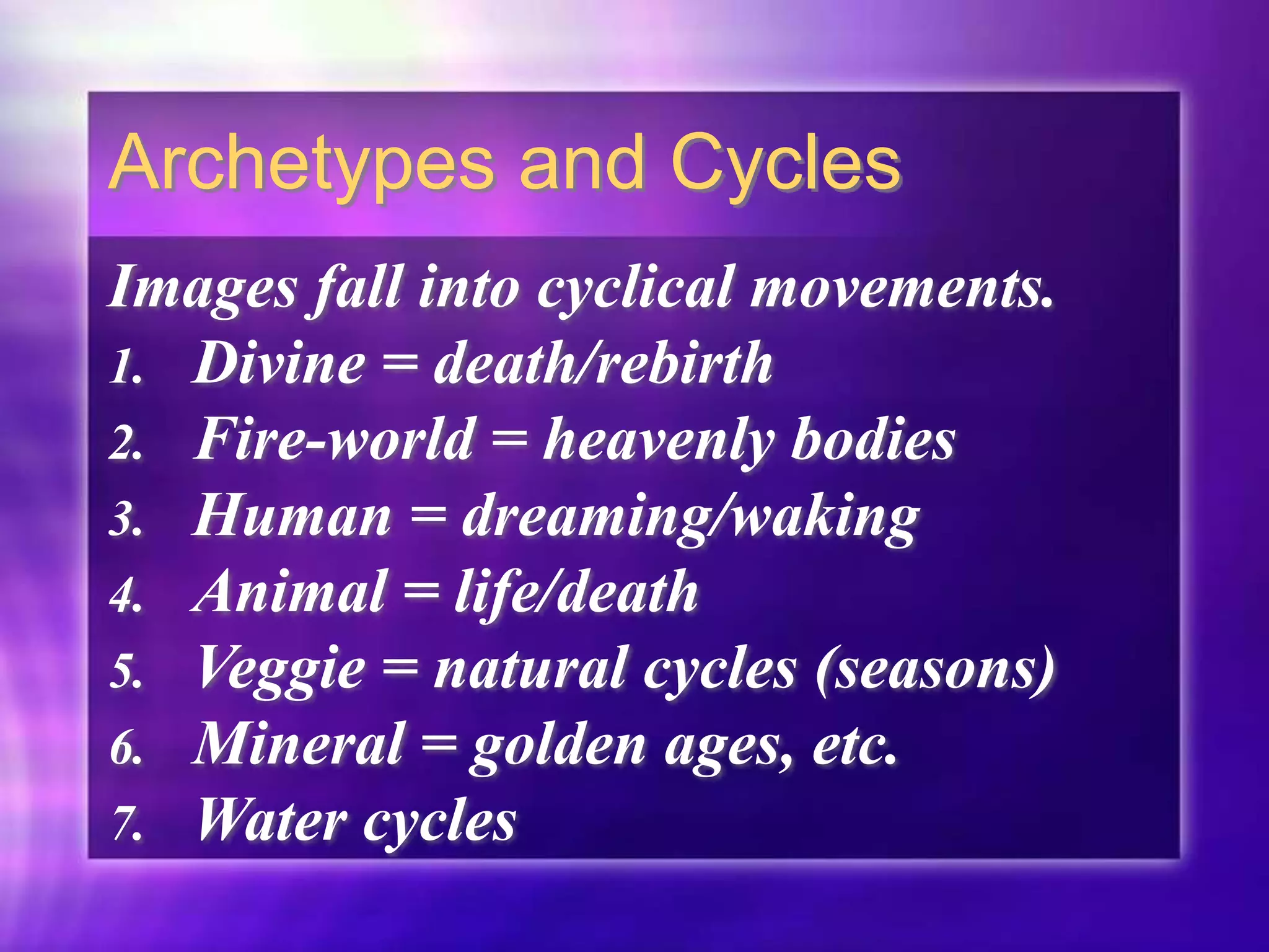 Archetypes and Cycles
Images fall into cyclical movements.
1. Divine = death/rebirth
2. Fire-world = heavenly bodies
3. Human = dreaming/waking
4. Animal = life/death
5. Veggie = natural cycles (seasons)
6. Mineral = golden ages, etc.
7. Water cycles
 