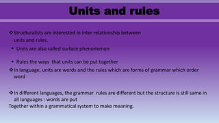 Units and rules
Structuralists are interested in inter relationship between
units and rules.
 Units are also called surface phenomenon
 Rules the ways that units can be put together
In language, units are words and the rules which are forms of grammar which order
word
.
In different languages, the grammar rules are different but the structure is still same in
all languages : words are put
Together within a grammatical system to make meaning.
 