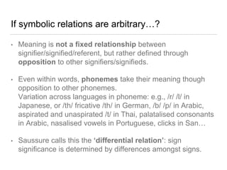 If symbolic relations are arbitrary…?
• Meaning is not a fixed relationship between
signifier/signified/referent, but rather defined through
opposition to other signifiers/signifieds.
• Even within words, phonemes take their meaning though
opposition to other phonemes.
Variation across languages in phoneme: e.g., /r/ /l/ in
Japanese, or /th/ fricative /th/ in German, /b/ /p/ in Arabic,
aspirated and unaspirated /t/ in Thai, palatalised consonants
in Arabic, nasalised vowels in Portuguese, clicks in San…
• Saussure calls this the ‘differential relation’: sign
significance is determined by differences amongst signs.
 