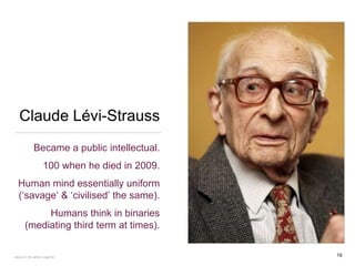 Claude Lévi-Strauss
Became a public intellectual.
100 when he died in 2009.
Human mind essentially uniform
(‘savage’ & ‘civilised’ the same).
Humans think in binaries
(mediating third term at times).
FACULTY OF ARTS | FOAR701
19
 