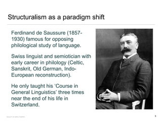 Structuralism as a paradigm shift
Ferdinand de Saussure (1857-
1930) famous for opposing
philological study of language.
Swiss linguist and semiotician with
early career in philology (Celtic,
Sanskrit, Old German, Indo-
European reconstruction).
He only taught his ‘Course in
General Linguistics’ three times
near the end of his life in
Switzerland.
FACULTY OF ARTS | FOAR701 5
 