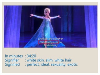 In minutes : 34:20
Signifier : white skin, slim, white hair
Signified : perfect, ideal, sexuality, exotic
 
