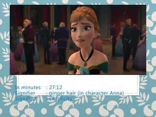 In minutes : 27:12
Signifier : ginger hair (in character Anna)
Signified : simplicity
 