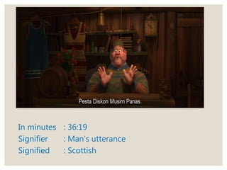 In minutes : 36:19
Signifier : Man’s utterance
Signified : Scottish
 