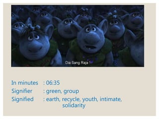 In minutes : 06:35
Signifier : green, group
Signified : earth, recycle, youth, intimate,
solidarity
 
