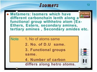 Isomers Metamers: Isomers which have different carbonchain lenth along a functional group withhetro atom (Ex- Ethers, Esters, secondary amines, tertiary amines , Secondary amides etc. Note  1. No of atoms same 2. No. of D.U  same. 3. Functional groups same. 4. Number of carbon differs along hetro atoms. 