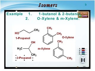Isomers Example  1.  1-butanol & 2-butanol 2.  O-Xylene & m-Xylene. 