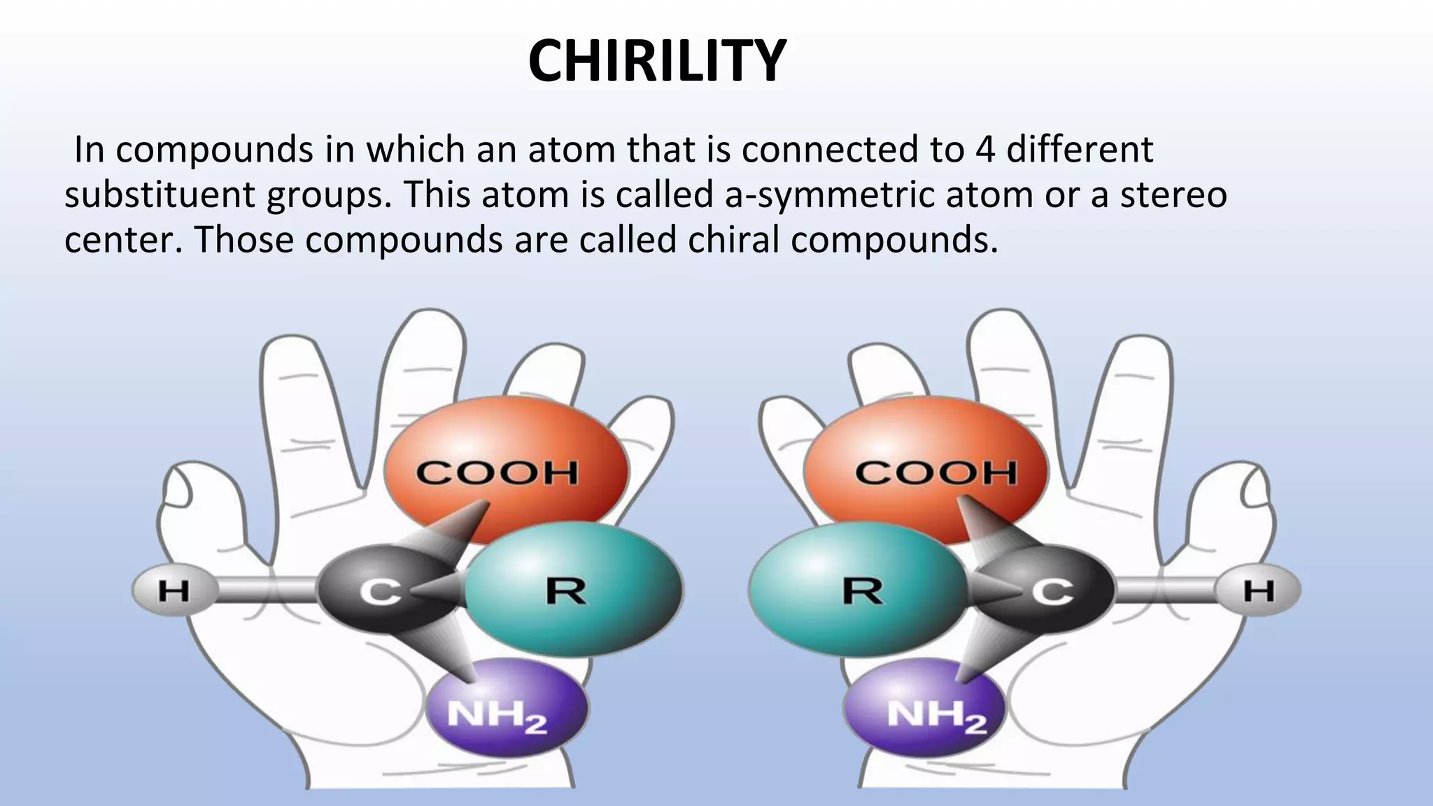 CHIRILITY
In compounds in which an atom that is connected to 4 different
substituent groups. This atom is called a-symmetric atom or a stereo
center. Those compounds are called chiral compounds.
 