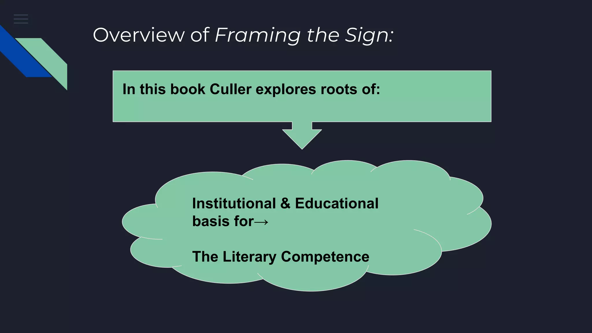 Overview of Framing the Sign:
In this book Culler explores roots of:
Institutional & Educational
basis for→
The Literary Competence
 