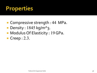  Compressive strength : 44 MPa.
 Density : 1845 kg/m^3.
 Modulus Of Elasticity : 19 GPa.
 Creep : 2.3.
Failure On Expa...