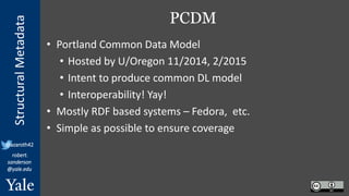 StructuralMetadata
@azaroth42
robert.
sanderson
@yale.edu
PCDM
• Portland Common Data Model
• Hosted by U/Oregon 11/2014, 2/2015
• Intent to produce common DL model
• Interoperability! Yay!
• Mostly RDF based systems – Fedora, etc.
• Simple as possible to ensure coverage
 