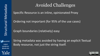 StructuralMetadata
@azaroth42
robert.
sanderson
@yale.edu
Avoided Challenges
Specific Resource is an inline, opinionated Proxy
Ordering not important (for 95% of the use cases)
Graph boundaries (relatively) easy
String metadata was avoided by having an explicit Textual
Body resource, not just the string itself.
 