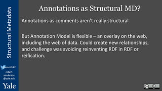 StructuralMetadata
@azaroth42
robert.
sanderson
@yale.edu
Annotations as Structural MD?
Annotations as comments aren’t really structural
But Annotation Model is flexible – an overlay on the web,
including the web of data. Could create new relationships,
and challenge was avoiding reinventing RDF in RDF or
reification.
 