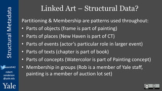 StructuralMetadata
@azaroth42
robert.
sanderson
@yale.edu
Linked Art – Structural Data?
Partitioning & Membership are patterns used throughout:
• Parts of objects (frame is part of painting)
• Parts of places (New Haven is part of CT)
• Parts of events (actor’s particular role in larger event)
• Parts of texts (chapter is part of book)
• Parts of concepts (Watercolor is part of Painting concept)
• Membership in groups (Rob is a member of Yale staff,
painting is a member of auction lot set)
 