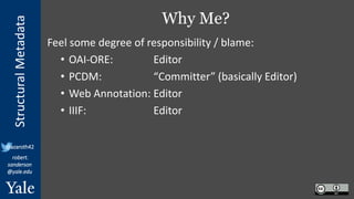 StructuralMetadata
@azaroth42
robert.
sanderson
@yale.edu
Why Me?
Feel some degree of responsibility / blame:
• OAI-ORE: Editor
• PCDM: “Committer” (basically Editor)
• Web Annotation: Editor
• IIIF: Editor
 