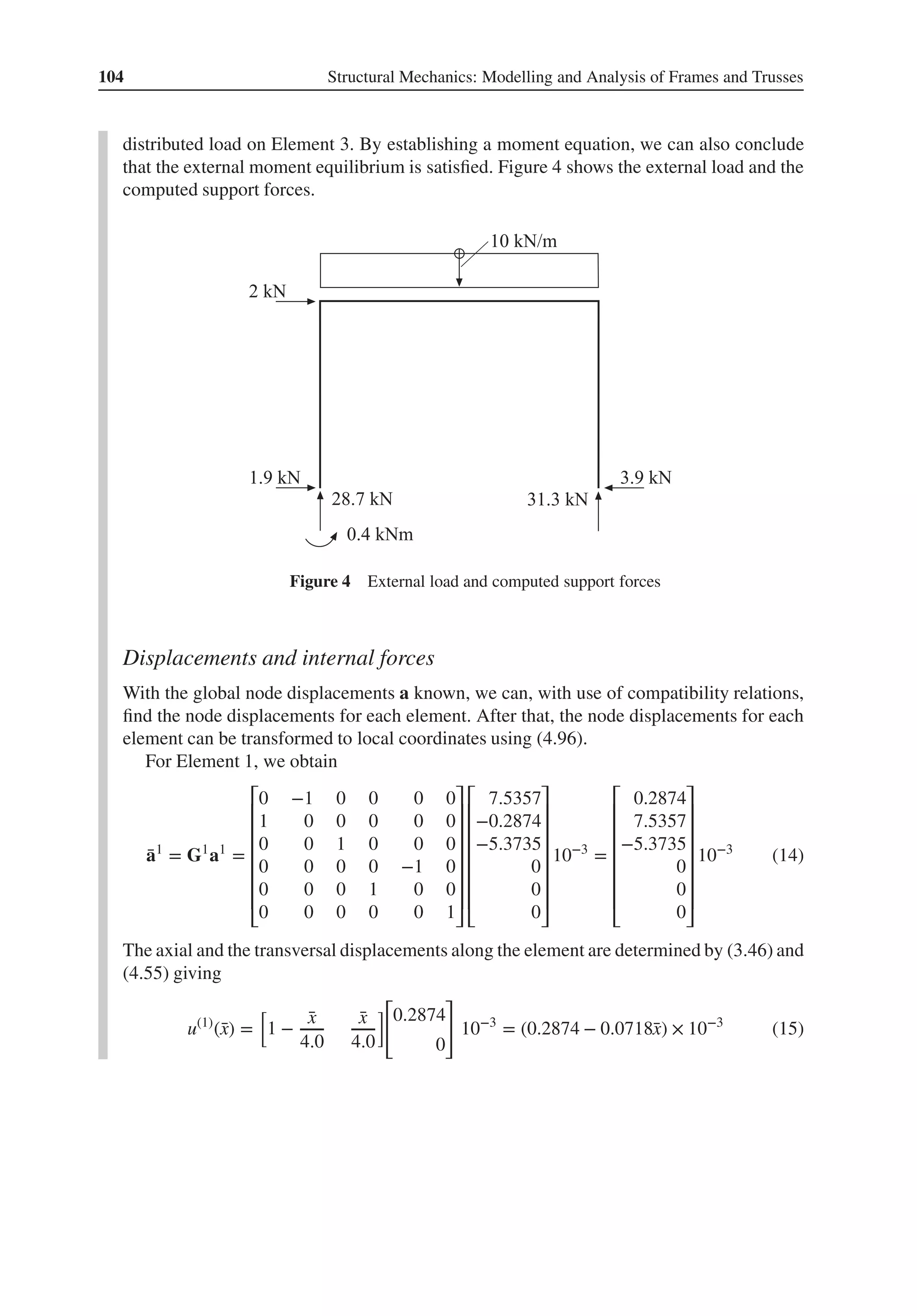104 Structural Mechanics: Modelling and Analysis of Frames and Trusses
distributed load on Element 3. By establishing a moment equation, we can also conclude
that the external moment equilibrium is satisfied. Figure 4 shows the external load and the
computed support forces.
Figure 4 External load and computed support forces
Displacements and internal forces
With the global node displacements a known, we can, with use of compatibility relations,
find the node displacements for each element. After that, the node displacements for each
element can be transformed to local coordinates using (4.96).
For Element 1, we obtain
̄
a1
= G1
a1
=
⎡
⎢
⎢
⎢
⎢
⎢
⎢
⎣
0 −1 0 0 0 0
1 0 0 0 0 0
0 0 1 0 0 0
0 0 0 0 −1 0
0 0 0 1 0 0
0 0 0 0 0 1
⎤
⎥
⎥
⎥
⎥
⎥
⎥
⎦
⎡
⎢
⎢
⎢
⎢
⎢
⎢
⎣
7.5357
−0.2874
−5.3735
0
0
0
⎤
⎥
⎥
⎥
⎥
⎥
⎥
⎦
10−3
=
⎡
⎢
⎢
⎢
⎢
⎢
⎢
⎣
0.2874
7.5357
−5.3735
0
0
0
⎤
⎥
⎥
⎥
⎥
⎥
⎥
⎦
10−3
(14)
The axial and the transversal displacements along the element are determined by (3.46) and
(4.55) giving
u(1)
(̄
x) =
[
1 −
̄
x
4.0
̄
x
4.0
]
[
0.2874
0
]
10−3
= (0.2874 − 0.0718̄
x) × 10−3
(15)
 