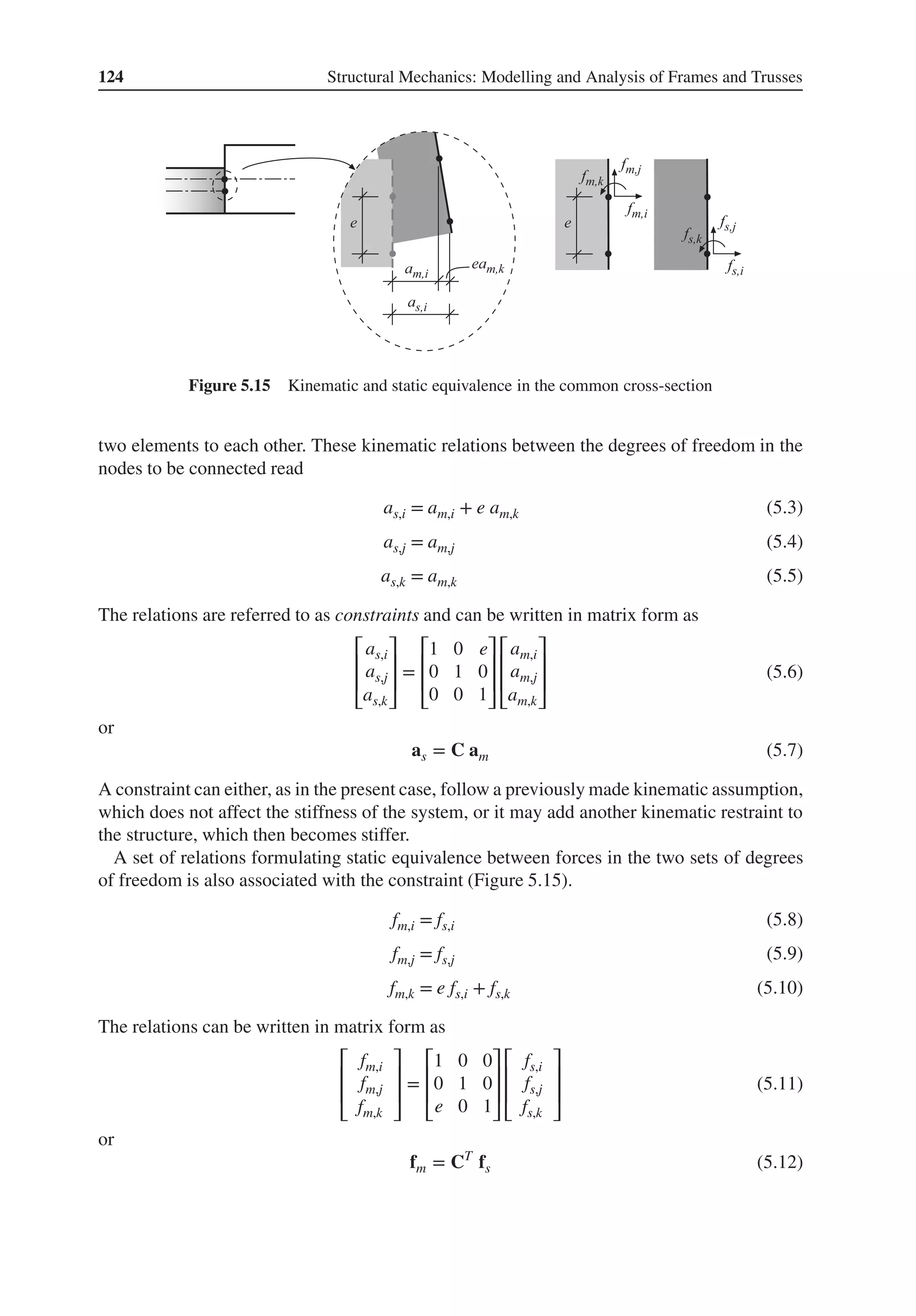 124 Structural Mechanics: Modelling and Analysis of Frames and Trusses
Figure 5.15 Kinematic and static equivalence in the common cross-section
two elements to each other. These kinematic relations between the degrees of freedom in the
nodes to be connected read
as,i = am,i + e am,k (5.3)
as,j = am,j (5.4)
as,k = am,k (5.5)
The relations are referred to as constraints and can be written in matrix form as
⎡
⎢
⎢
⎣
as,i
as,j
as,k
⎤
⎥
⎥
⎦
=
⎡
⎢
⎢
⎣
1 0 e
0 1 0
0 0 1
⎤
⎥
⎥
⎦
⎡
⎢
⎢
⎣
am,i
am,j
am,k
⎤
⎥
⎥
⎦
(5.6)
or
as = C am (5.7)
A constraint can either, as in the present case, follow a previously made kinematic assumption,
which does not affect the stiffness of the system, or it may add another kinematic restraint to
the structure, which then becomes stiffer.
A set of relations formulating static equivalence between forces in the two sets of degrees
of freedom is also associated with the constraint (Figure 5.15).
fm,i = fs,i (5.8)
fm,j = fs,j (5.9)
fm,k = e fs,i + fs,k (5.10)
The relations can be written in matrix form as
⎡
⎢
⎢
⎣
fm,i
fm,j
fm,k
⎤
⎥
⎥
⎦
=
⎡
⎢
⎢
⎣
1 0 0
0 1 0
e 0 1
⎤
⎥
⎥
⎦
⎡
⎢
⎢
⎣
fs,i
fs,j
fs,k
⎤
⎥
⎥
⎦
(5.11)
or
fm = CT
fs (5.12)
 