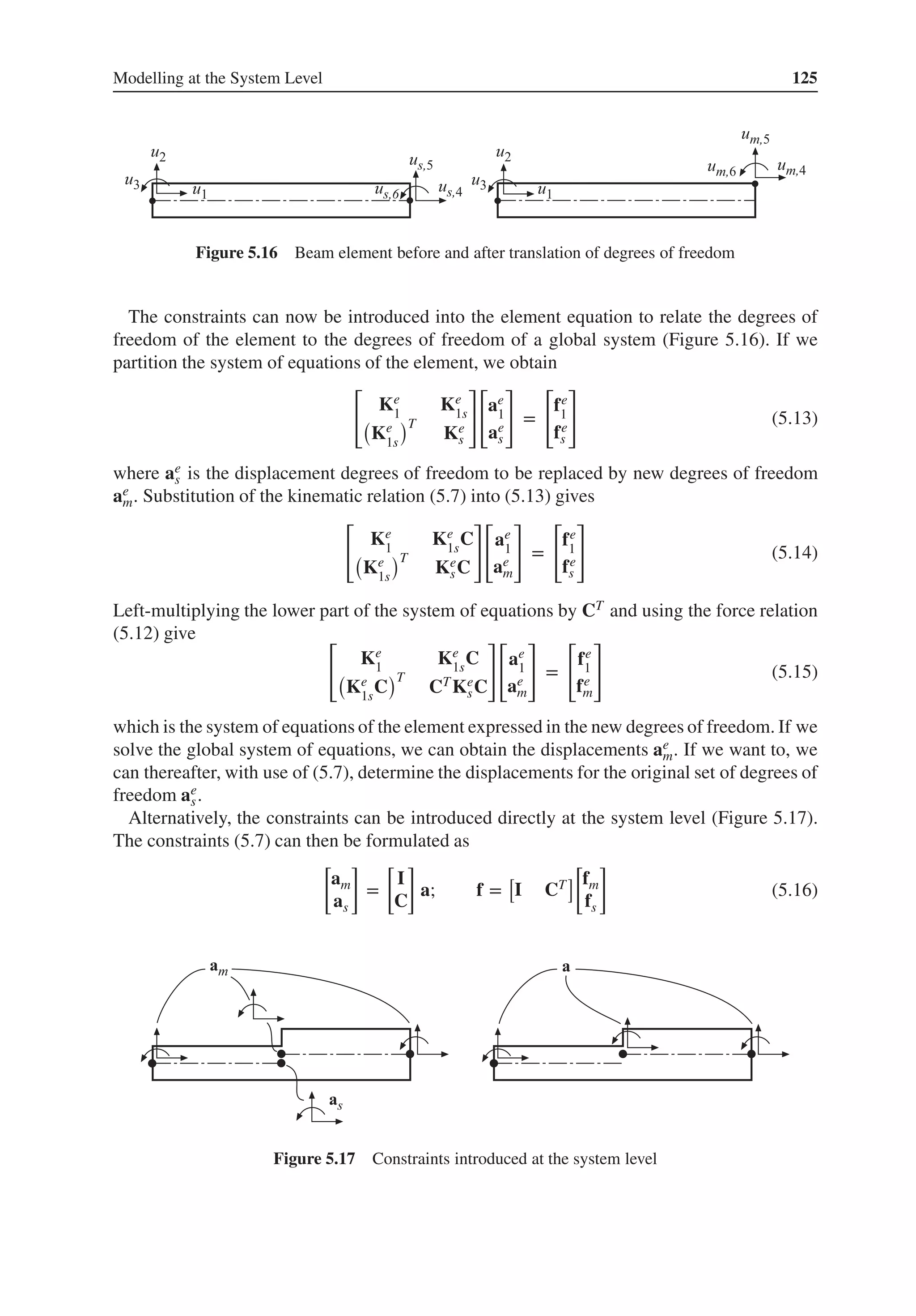 Modelling at the System Level 125
Figure 5.16 Beam element before and after translation of degrees of freedom
The constraints can now be introduced into the element equation to relate the degrees of
freedom of the element to the degrees of freedom of a global system (Figure 5.16). If we
partition the system of equations of the element, we obtain
[
Ke
1
Ke
1s
(
Ke
1s
)T
Ke
s
]
[
ae
1
ae
s
]
=
[
fe
1
fe
s
]
(5.13)
where ae
s is the displacement degrees of freedom to be replaced by new degrees of freedom
ae
m. Substitution of the kinematic relation (5.7) into (5.13) gives
[
Ke
1
Ke
1s
C
(
Ke
1s
)T
Ke
sC
]
[
ae
1
ae
m
]
=
[
fe
1
fe
s
]
(5.14)
Left-multiplying the lower part of the system of equations by CT and using the force relation
(5.12) give [
Ke
1
Ke
1s
C
(
Ke
1s
C
)T
CTKe
sC
]
[
ae
1
ae
m
]
=
[
fe
1
fe
m
]
(5.15)
which is the system of equations of the element expressed in the new degrees of freedom. If we
solve the global system of equations, we can obtain the displacements ae
m. If we want to, we
can thereafter, with use of (5.7), determine the displacements for the original set of degrees of
freedom ae
s.
Alternatively, the constraints can be introduced directly at the system level (Figure 5.17).
The constraints (5.7) can then be formulated as
[
am
as
]
=
[
I
C
]
a; f =
[
I CT
]
[
fm
fs
]
(5.16)
Figure 5.17 Constraints introduced at the system level
 