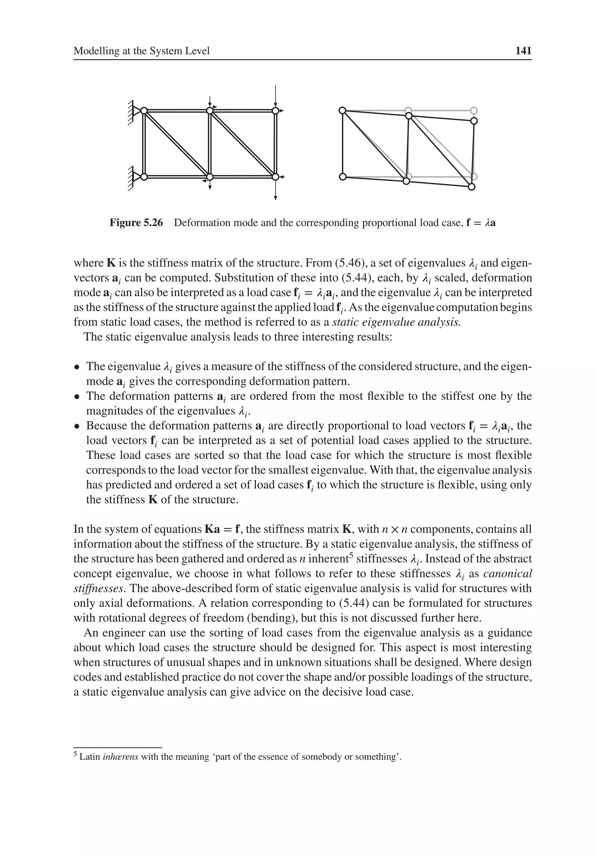Modelling at the System Level 141
Figure 5.26 Deformation mode and the corresponding proportional load case, f = 𝜆a
where K is the stiffness matrix of the structure. From (5.46), a set of eigenvalues 𝜆i and eigen-
vectors ai can be computed. Substitution of these into (5.44), each, by 𝜆i scaled, deformation
mode ai can also be interpreted as a load case fi = 𝜆iai, and the eigenvalue 𝜆i can be interpreted
as the stiffness of the structure against the applied load fi. As the eigenvaluecomputationbegins
from static load cases, the method is referred to as a static eigenvalue analysis.
The static eigenvalue analysis leads to three interesting results:
• The eigenvalue 𝜆i gives a measure of the stiffness of the considered structure, and the eigen-
mode ai gives the corresponding deformation pattern.
• The deformation patterns ai are ordered from the most flexible to the stiffest one by the
magnitudes of the eigenvalues 𝜆i.
• Because the deformation patterns ai are directly proportional to load vectors fi = 𝜆iai, the
load vectors fi can be interpreted as a set of potential load cases applied to the structure.
These load cases are sorted so that the load case for which the structure is most flexible
corresponds to the load vector for the smallest eigenvalue. With that, the eigenvalue analysis
has predicted and ordered a set of load cases fi to which the structure is flexible, using only
the stiffness K of the structure.
In the system of equations Ka = f, the stiffness matrix K, with n × n components, contains all
information about the stiffness of the structure. By a static eigenvalue analysis, the stiffness of
the structure has been gathered and ordered as n inherent5 stiffnesses 𝜆i. Instead of the abstract
concept eigenvalue, we choose in what follows to refer to these stiffnesses 𝜆i as canonical
stiffnesses. The above-described form of static eigenvalue analysis is valid for structures with
only axial deformations. A relation corresponding to (5.44) can be formulated for structures
with rotational degrees of freedom (bending), but this is not discussed further here.
An engineer can use the sorting of load cases from the eigenvalue analysis as a guidance
about which load cases the structure should be designed for. This aspect is most interesting
when structures of unusual shapes and in unknown situations shall be designed. Where design
codes and established practice do not cover the shape and/or possible loadings of the structure,
a static eigenvalue analysis can give advice on the decisive load case.
5 Latin inhœrens with the meaning ‘part of the essence of somebody or something’.
 