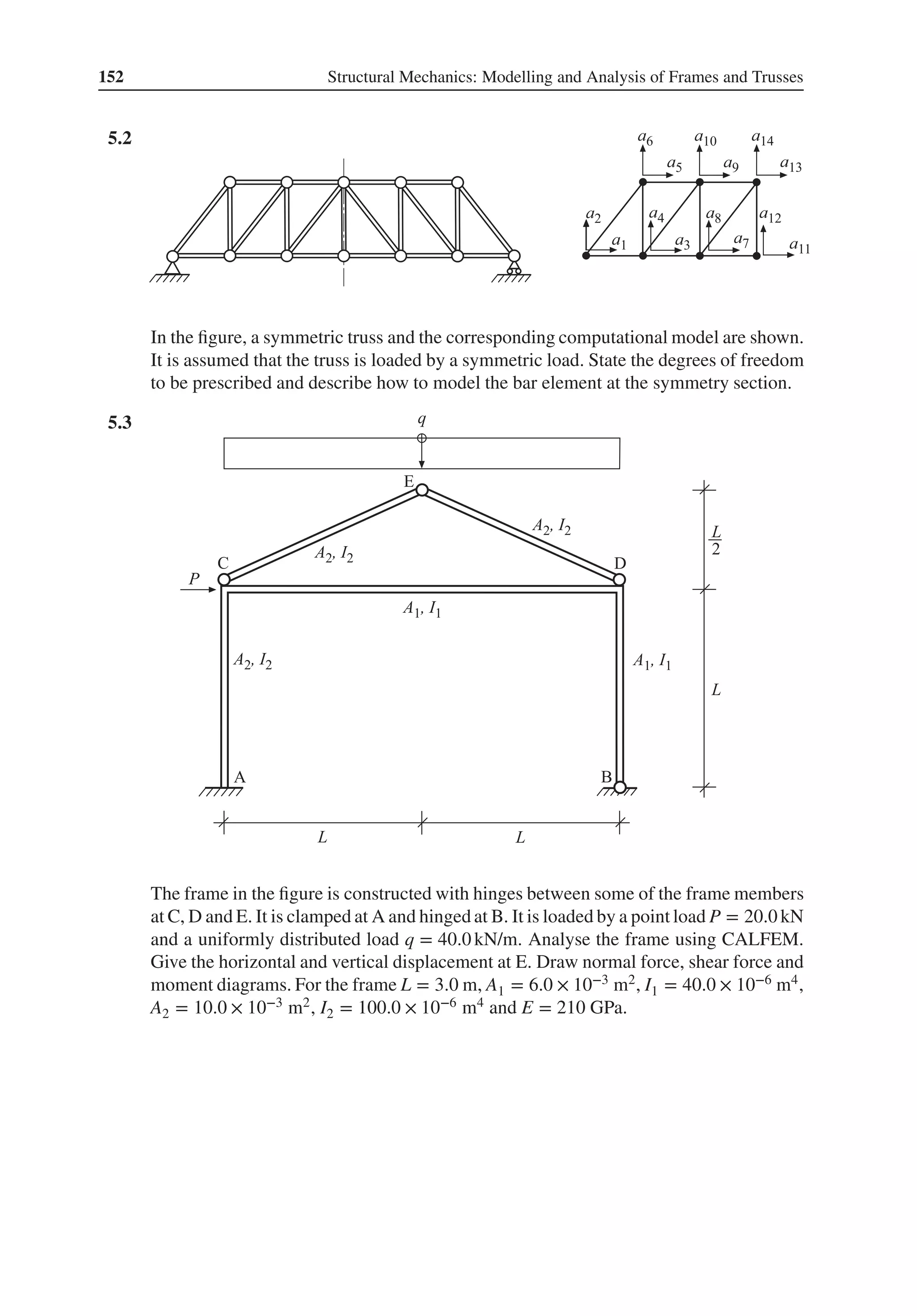 152 Structural Mechanics: Modelling and Analysis of Frames and Trusses
5.2 .
In the figure, a symmetric truss and the corresponding computational model are shown.
It is assumed that the truss is loaded by a symmetric load. State the degrees of freedom
to be prescribed and describe how to model the bar element at the symmetry section.
5.3 .
The frame in the figure is constructed with hinges between some of the frame members
at C, D and E. It is clamped at A and hinged at B. It is loaded by a point load P = 20.0 kN
and a uniformly distributed load q = 40.0 kN/m. Analyse the frame using CALFEM.
Give the horizontal and vertical displacement at E. Draw normal force, shear force and
moment diagrams. For the frame L = 3.0 m, A1 = 6.0 × 10−3 m2, I1 = 40.0 × 10−6 m4,
A2 = 10.0 × 10−3 m2, I2 = 100.0 × 10−6 m4 and E = 210 GPa.
 
