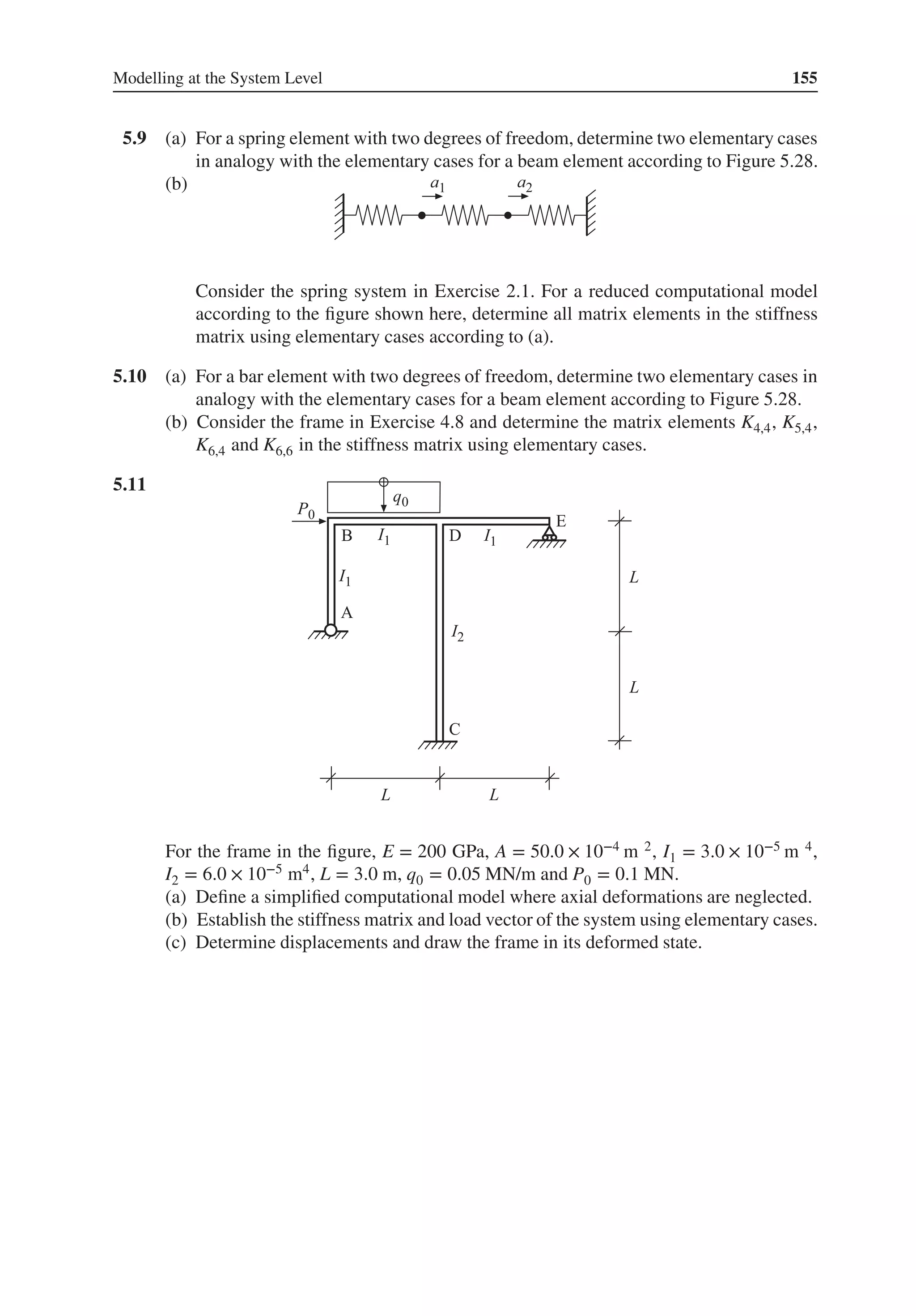 Modelling at the System Level 155
5.9 (a) For a spring element with two degrees of freedom, determine two elementary cases
in analogy with the elementary cases for a beam element according to Figure 5.28.
(b) .
Consider the spring system in Exercise 2.1. For a reduced computational model
according to the figure shown here, determine all matrix elements in the stiffness
matrix using elementary cases according to (a).
5.10 (a) For a bar element with two degrees of freedom, determine two elementary cases in
analogy with the elementary cases for a beam element according to Figure 5.28.
(b) Consider the frame in Exercise 4.8 and determine the matrix elements K4,4, K5,4,
K6,4 and K6,6 in the stiffness matrix using elementary cases.
5.11 .
For the frame in the figure, E = 200 GPa, A = 50.0 × 10−4 m 2, I1 = 3.0 × 10−5 m 4,
I2 = 6.0 × 10−5 m4, L = 3.0 m, q0 = 0.05 MN/m and P0 = 0.1 MN.
(a) Define a simplified computational model where axial deformations are neglected.
(b) Establish the stiffness matrix and load vector of the system using elementary cases.
(c) Determine displacements and draw the frame in its deformed state.
 