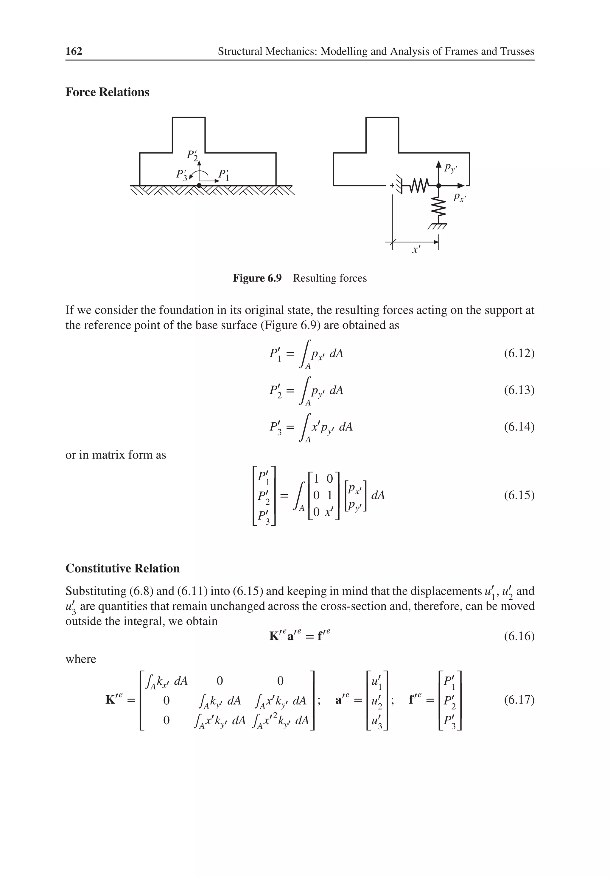 162 Structural Mechanics: Modelling and Analysis of Frames and Trusses
Force Relations
P'
P'
P'
px'
x'
py'
Figure 6.9 Resulting forces
If we consider the foundation in its original state, the resulting forces acting on the support at
the reference point of the base surface (Figure 6.9) are obtained as
P′
1 =
∫A
px′ dA (6.12)
P′
2 =
∫A
py′ dA (6.13)
P′
3 =
∫A
x′
py′ dA (6.14)
or in matrix form as
⎡
⎢
⎢
⎢
⎣
P′
1
P′
2
P′
3
⎤
⎥
⎥
⎥
⎦
=
∫A
⎡
⎢
⎢
⎣
1 0
0 1
0 x′
⎤
⎥
⎥
⎦
[
px′
py′
]
dA (6.15)
Constitutive Relation
Substituting (6.8) and (6.11) into (6.15) and keeping in mind that the displacements u′
1
, u′
2
and
u′
3
are quantities that remain unchanged across the cross-section and, therefore, can be moved
outside the integral, we obtain
K′e
a′e
= f′e
(6.16)
where
K′e
=
⎡
⎢
⎢
⎢
⎣
∫Akx′ dA 0 0
0 ∫Aky′ dA ∫Ax′ky′ dA
0 ∫Ax′ky′ dA ∫Ax′2
ky′ dA
⎤
⎥
⎥
⎥
⎦
; a′e
=
⎡
⎢
⎢
⎢
⎣
u′
1
u′
2
u′
3
⎤
⎥
⎥
⎥
⎦
; f′e
=
⎡
⎢
⎢
⎢
⎣
P′
1
P′
2
P′
3
⎤
⎥
⎥
⎥
⎦
(6.17)
 