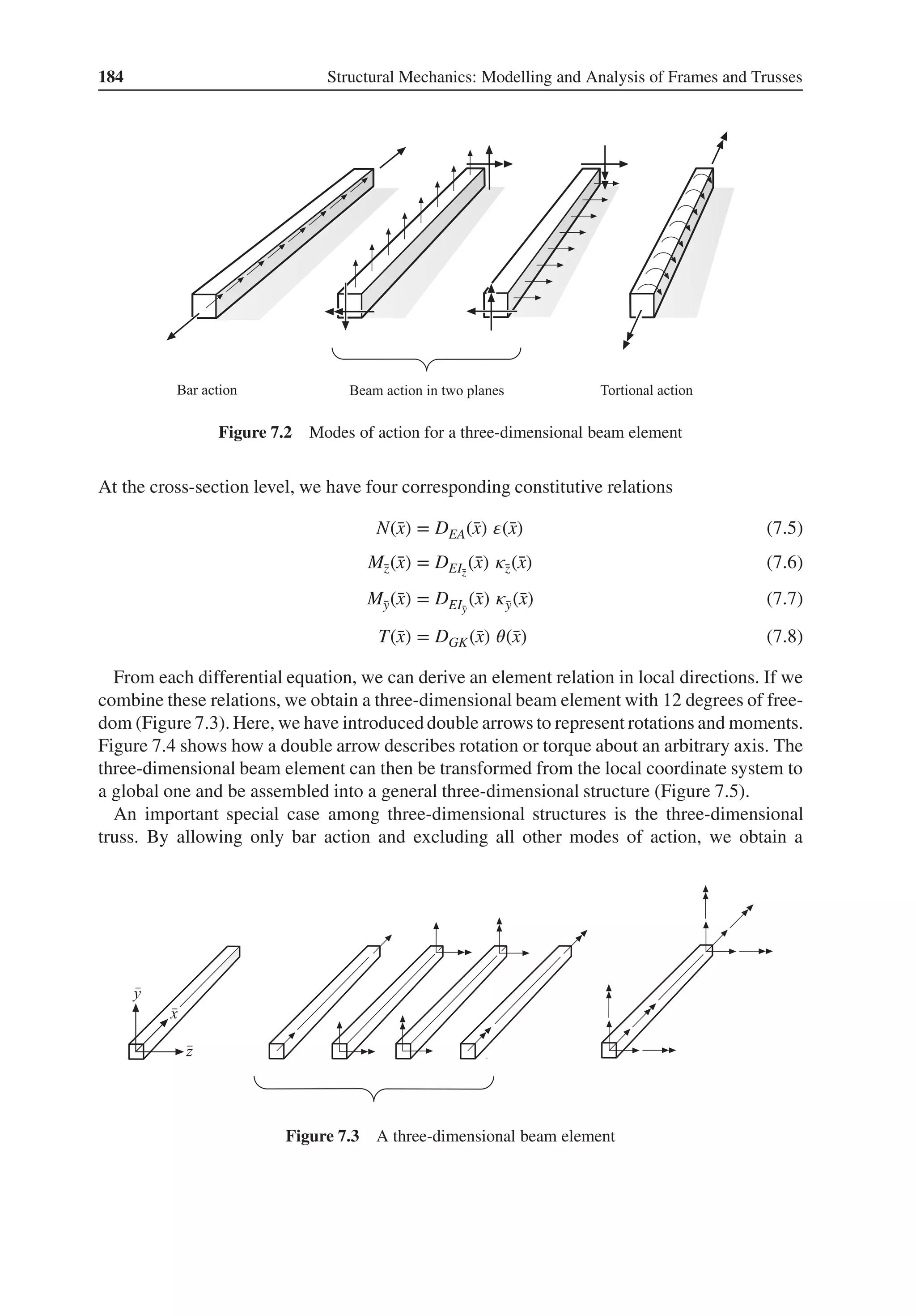 184 Structural Mechanics: Modelling and Analysis of Frames and Trusses
Figure 7.2 Modes of action for a three-dimensional beam element
At the cross-section level, we have four corresponding constitutive relations
N(̄
x) = DEA(̄
x) 𝜀(̄
x) (7.5)
M̄
z(̄
x) = DEĪ
z
(̄
x) 𝜅̄
z(̄
x) (7.6)
M̄
y(̄
x) = DEĪ
y
(̄
x) 𝜅̄
y(̄
x) (7.7)
T(̄
x) = DGK(̄
x) 𝜃(̄
x) (7.8)
From each differential equation, we can derive an element relation in local directions. If we
combine these relations, we obtain a three-dimensional beam element with 12 degrees of free-
dom (Figure 7.3). Here, we have introduced double arrows to represent rotations and moments.
Figure 7.4 shows how a double arrow describes rotation or torque about an arbitrary axis. The
three-dimensional beam element can then be transformed from the local coordinate system to
a global one and be assembled into a general three-dimensional structure (Figure 7.5).
An important special case among three-dimensional structures is the three-dimensional
truss. By allowing only bar action and excluding all other modes of action, we obtain a
Figure 7.3 A three-dimensional beam element
 