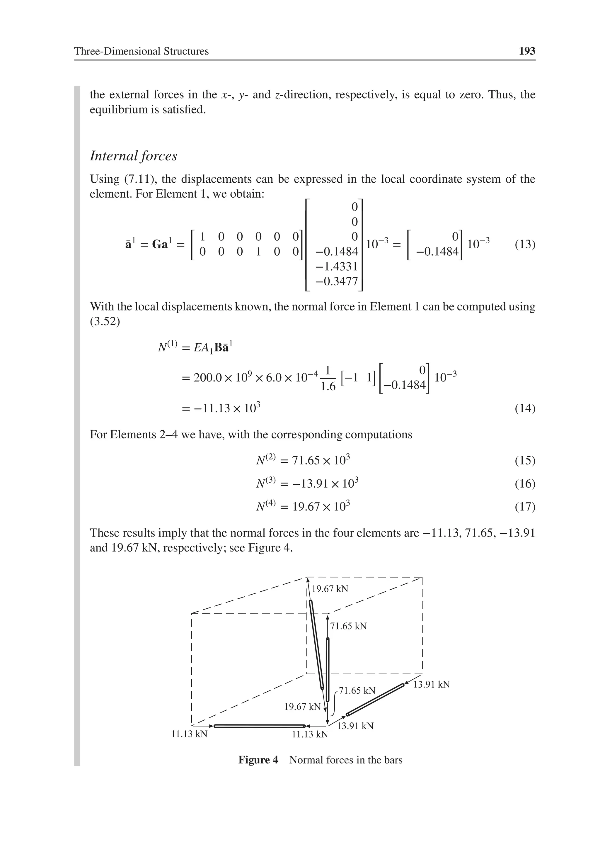 Three-Dimensional Structures 193
the external forces in the x-, y- and z-direction, respectively, is equal to zero. Thus, the
equilibrium is satisfied.
Internal forces
Using (7.11), the displacements can be expressed in the local coordinate system of the
element. For Element 1, we obtain:
̄
a1
= Ga1
=
[
1 0 0 0 0 0
0 0 0 1 0 0
]
⎡
⎢
⎢
⎢
⎢
⎢
⎢
⎣
0
0
0
−0.1484
−1.4331
−0.3477
⎤
⎥
⎥
⎥
⎥
⎥
⎥
⎦
10−3
=
[
0
−0.1484
]
10−3
(13)
With the local displacements known, the normal force in Element 1 can be computed using
(3.52)
N(1)
= EA1B̄
a1
= 200.0 × 109
× 6.0 × 10−4 1
1.6
[
−1 1
]
[
0
−0.1484
]
10−3
= −11.13 × 103
(14)
For Elements 2–4 we have, with the corresponding computations
N(2)
= 71.65 × 103
(15)
N(3)
= −13.91 × 103
(16)
N(4)
= 19.67 × 103
(17)
These results imply that the normal forces in the four elements are −11.13, 71.65, −13.91
and 19.67 kN, respectively; see Figure 4.
Figure 4 Normal forces in the bars
 