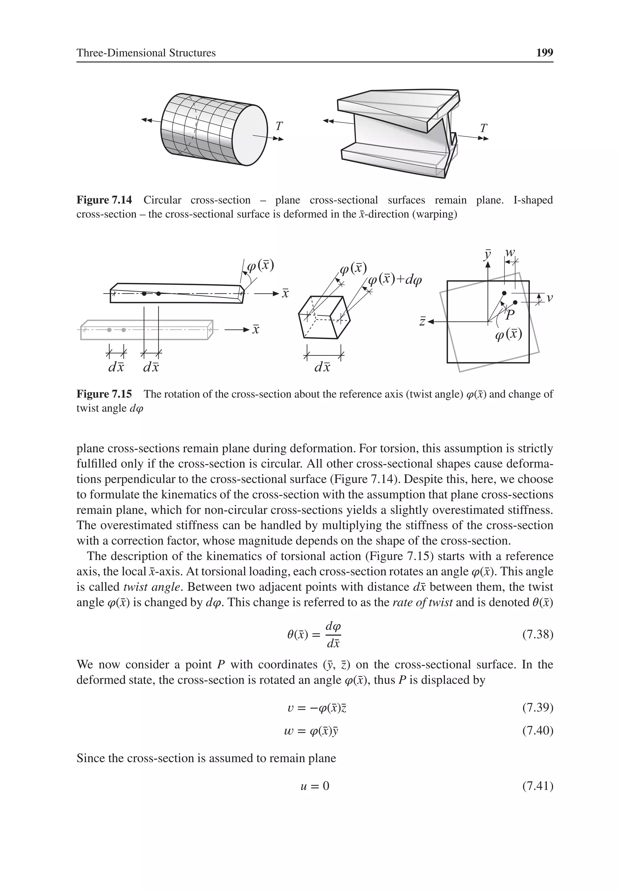 Three-Dimensional Structures 199
Figure 7.14 Circular cross-section – plane cross-sectional surfaces remain plane. I-shaped
cross-section – the cross-sectional surface is deformed in the ̄
x-direction (warping)
φ
φ
φ
φ
φ
Figure 7.15 The rotation of the cross-section about the reference axis (twist angle) 𝜑(̄
x) and change of
twist angle d𝜑
plane cross-sections remain plane during deformation. For torsion, this assumption is strictly
fulfilled only if the cross-section is circular. All other cross-sectional shapes cause deforma-
tions perpendicular to the cross-sectional surface (Figure 7.14). Despite this, here, we choose
to formulate the kinematics of the cross-section with the assumption that plane cross-sections
remain plane, which for non-circular cross-sections yields a slightly overestimated stiffness.
The overestimated stiffness can be handled by multiplying the stiffness of the cross-section
with a correction factor, whose magnitude depends on the shape of the cross-section.
The description of the kinematics of torsional action (Figure 7.15) starts with a reference
axis, the local ̄
x-axis. At torsional loading, each cross-section rotates an angle 𝜑(̄
x). This angle
is called twist angle. Between two adjacent points with distance d̄
x between them, the twist
angle 𝜑(̄
x) is changed by d𝜑. This change is referred to as the rate of twist and is denoted 𝜃(̄
x)
𝜃(̄
x) =
d𝜑
d̄
x
(7.38)
We now consider a point P with coordinates (̄
y, ̄
z) on the cross-sectional surface. In the
deformed state, the cross-section is rotated an angle 𝜑(̄
x), thus P is displaced by
𝑣 = −𝜑(̄
x)̄
z (7.39)
𝑤 = 𝜑(̄
x)̄
y (7.40)
Since the cross-section is assumed to remain plane
u = 0 (7.41)
 