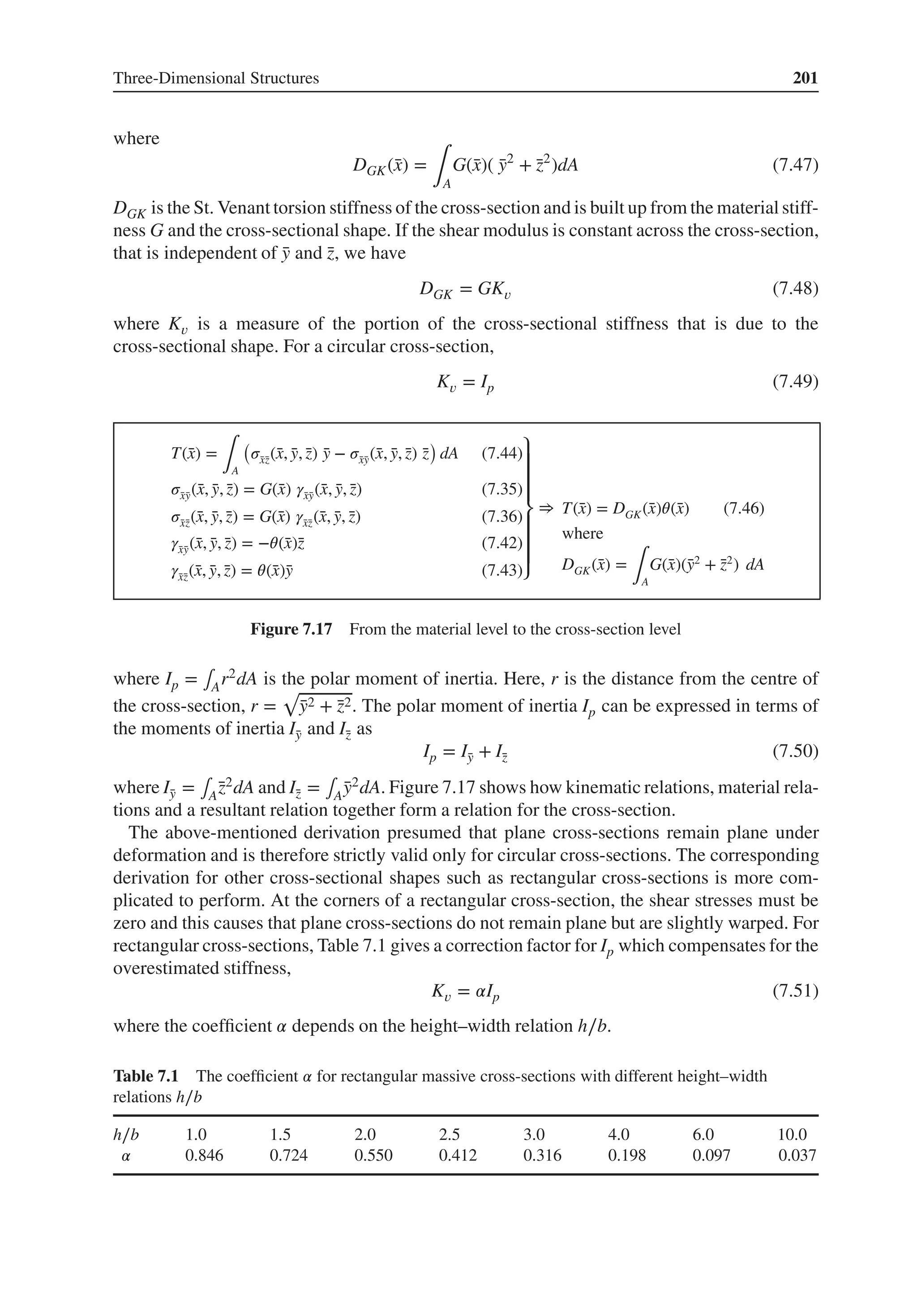 Three-Dimensional Structures 201
where
DGK(̄
x) =
∫A
G(̄
x)( ̄
y2
+ ̄
z2
)dA (7.47)
DGK is the St. Venant torsion stiffness of the cross-section and is built up from the material stiff-
ness G and the cross-sectional shape. If the shear modulus is constant across the cross-section,
that is independent of ̄
y and ̄
z, we have
DGK = GK𝑣 (7.48)
where K𝑣 is a measure of the portion of the cross-sectional stiffness that is due to the
cross-sectional shape. For a circular cross-section,
K𝑣 = Ip (7.49)
T(̄
x) =
∫A
(
𝜎̄
x̄
z(̄
x, ̄
y, ̄
z) ̄
y − 𝜎̄
x̄
y(̄
x, ̄
y, ̄
z) ̄
z
)
dA (7.44)
𝜎̄
x̄
y(̄
x, ̄
y, ̄
z) = G(̄
x) 𝛾̄
x̄
y(̄
x, ̄
y, ̄
z) (7.35)
𝜎̄
x̄
z(̄
x, ̄
y, ̄
z) = G(̄
x) 𝛾̄
x̄
z(̄
x, ̄
y, ̄
z) (7.36)
𝛾̄
x̄
y(̄
x, ̄
y, ̄
z) = −𝜃(̄
x)̄
z (7.42)
𝛾̄
x̄
z(̄
x, ̄
y, ̄
z) = 𝜃(̄
x)̄
y (7.43)
⎫
⎪
⎪
⎪
⎬
⎪
⎪
⎪
⎭
⇒ T(̄
x) = DGK(̄
x)𝜃(̄
x) (7.46)
where
DGK(̄
x) =
∫A
G(̄
x)(̄
y2
+ ̄
z2
) dA
Figure 7.17 From the material level to the cross-section level
where Ip = ∫Ar2dA is the polar moment of inertia. Here, r is the distance from the centre of
the cross-section, r =
√
̄
y2 + ̄
z2. The polar moment of inertia Ip can be expressed in terms of
the moments of inertia Ī
y and Ī
z as
Ip = Ī
y + Ī
z (7.50)
where Ī
y = ∫Ā
z2dA and Ī
z = ∫A ̄
y2dA. Figure 7.17 shows how kinematic relations, material rela-
tions and a resultant relation together form a relation for the cross-section.
The above-mentioned derivation presumed that plane cross-sections remain plane under
deformation and is therefore strictly valid only for circular cross-sections. The corresponding
derivation for other cross-sectional shapes such as rectangular cross-sections is more com-
plicated to perform. At the corners of a rectangular cross-section, the shear stresses must be
zero and this causes that plane cross-sections do not remain plane but are slightly warped. For
rectangular cross-sections, Table 7.1 gives a correction factor for Ip which compensates for the
overestimated stiffness,
K𝑣 = 𝛼Ip (7.51)
where the coefficient 𝛼 depends on the height–width relation h∕b.
Table 7.1 The coefficient 𝛼 for rectangular massive cross-sections with different height–width
relations h∕b
h∕b 1.0 1.5 2.0 2.5 3.0 4.0 6.0 10.0
𝛼 0.846 0.724 0.550 0.412 0.316 0.198 0.097 0.037
 