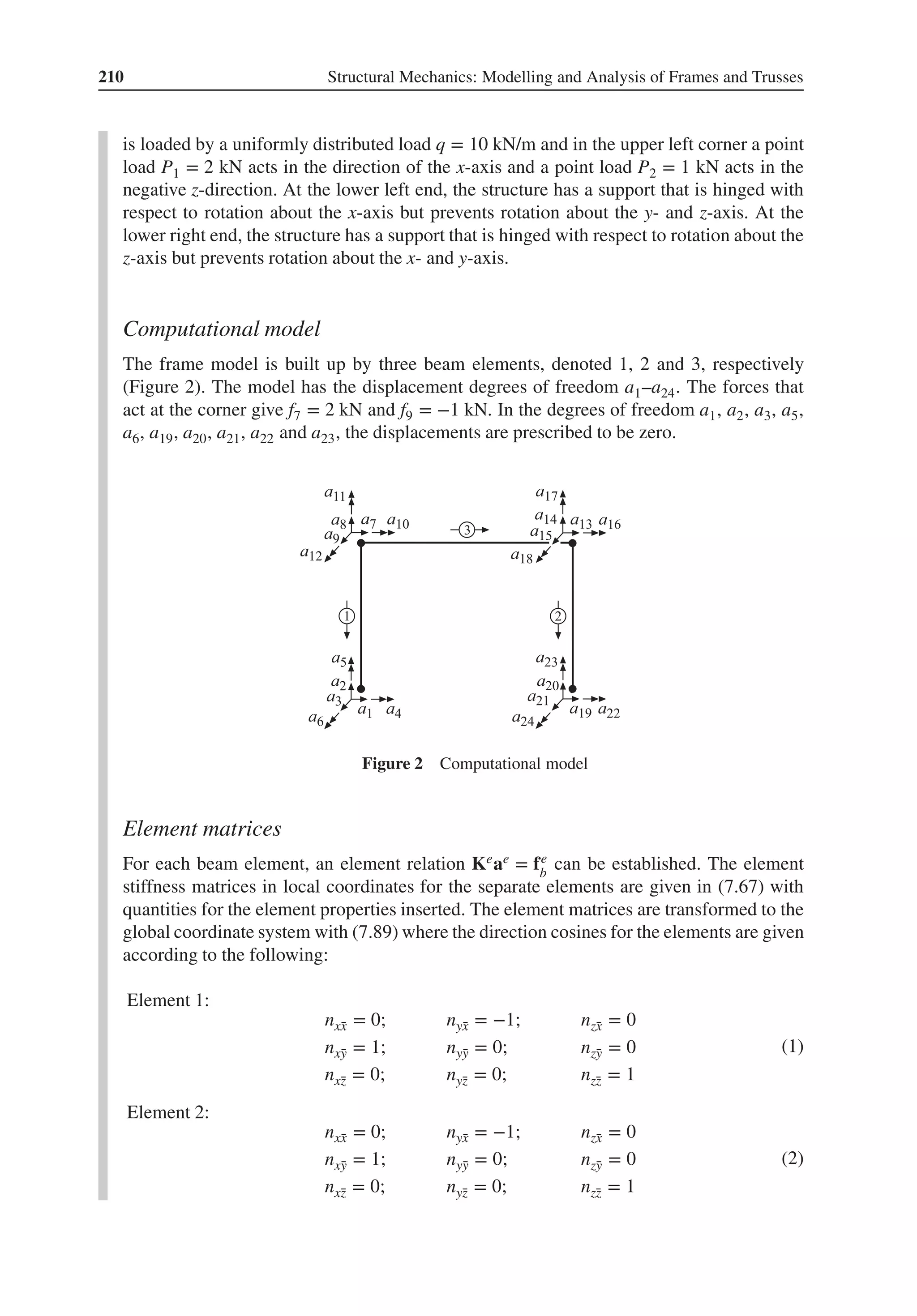 210 Structural Mechanics: Modelling and Analysis of Frames and Trusses
is loaded by a uniformly distributed load q = 10 kN/m and in the upper left corner a point
load P1 = 2 kN acts in the direction of the x-axis and a point load P2 = 1 kN acts in the
negative z-direction. At the lower left end, the structure has a support that is hinged with
respect to rotation about the x-axis but prevents rotation about the y- and z-axis. At the
lower right end, the structure has a support that is hinged with respect to rotation about the
z-axis but prevents rotation about the x- and y-axis.
Computational model
The frame model is built up by three beam elements, denoted 1, 2 and 3, respectively
(Figure 2). The model has the displacement degrees of freedom a1–a24. The forces that
act at the corner give f7 = 2 kN and f9 = −1 kN. In the degrees of freedom a1, a2, a3, a5,
a6, a19, a20, a21, a22 and a23, the displacements are prescribed to be zero.
Figure 2 Computational model
Element matrices
For each beam element, an element relation Keae = fe
b
can be established. The element
stiffness matrices in local coordinates for the separate elements are given in (7.67) with
quantities for the element properties inserted. The element matrices are transformed to the
global coordinate system with (7.89) where the direction cosines for the elements are given
according to the following:
Element 1:
nx̄
x = 0; nȳ
x = −1; nz̄
x = 0
nx̄
y = 1; nȳ
y = 0; nz̄
y = 0
nx̄
z = 0; nȳ
z = 0; nz̄
z = 1
(1)
Element 2:
nx̄
x = 0; nȳ
x = −1; nz̄
x = 0
nx̄
y = 1; nȳ
y = 0; nz̄
y = 0
nx̄
z = 0; nȳ
z = 0; nz̄
z = 1
(2)
 