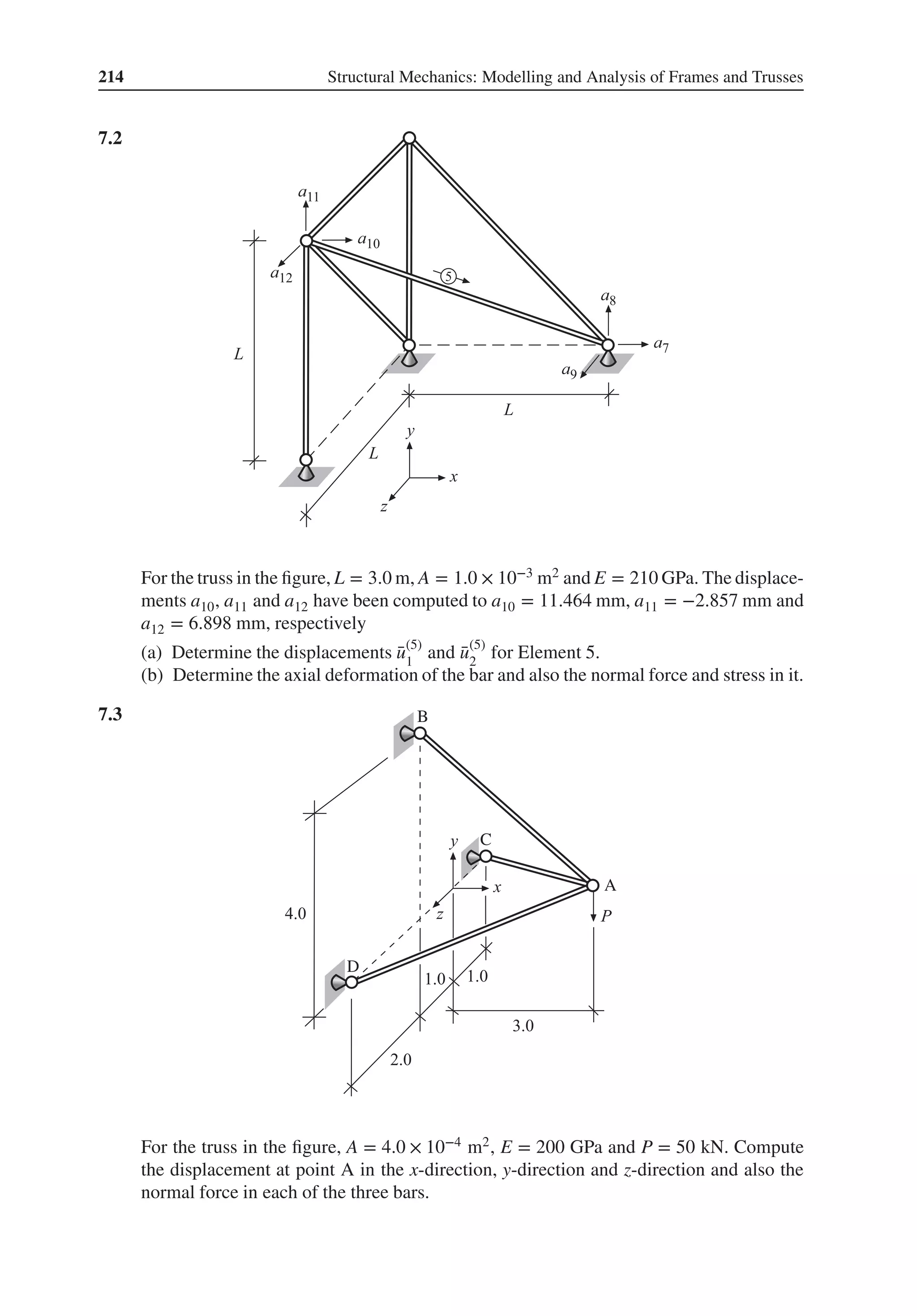 214 Structural Mechanics: Modelling and Analysis of Frames and Trusses
7.2 .
For the truss in the figure, L = 3.0 m, A = 1.0 × 10−3 m2 and E = 210 GPa. The displace-
ments a10, a11 and a12 have been computed to a10 = 11.464 mm, a11 = −2.857 mm and
a12 = 6.898 mm, respectively
(a) Determine the displacements ̄
u(5)
1
and ̄
u(5)
2
for Element 5.
(b) Determine the axial deformation of the bar and also the normal force and stress in it.
7.3 .
A
D
B
C
For the truss in the figure, A = 4.0 × 10−4 m2, E = 200 GPa and P = 50 kN. Compute
the displacement at point A in the x-direction, y-direction and z-direction and also the
normal force in each of the three bars.
 