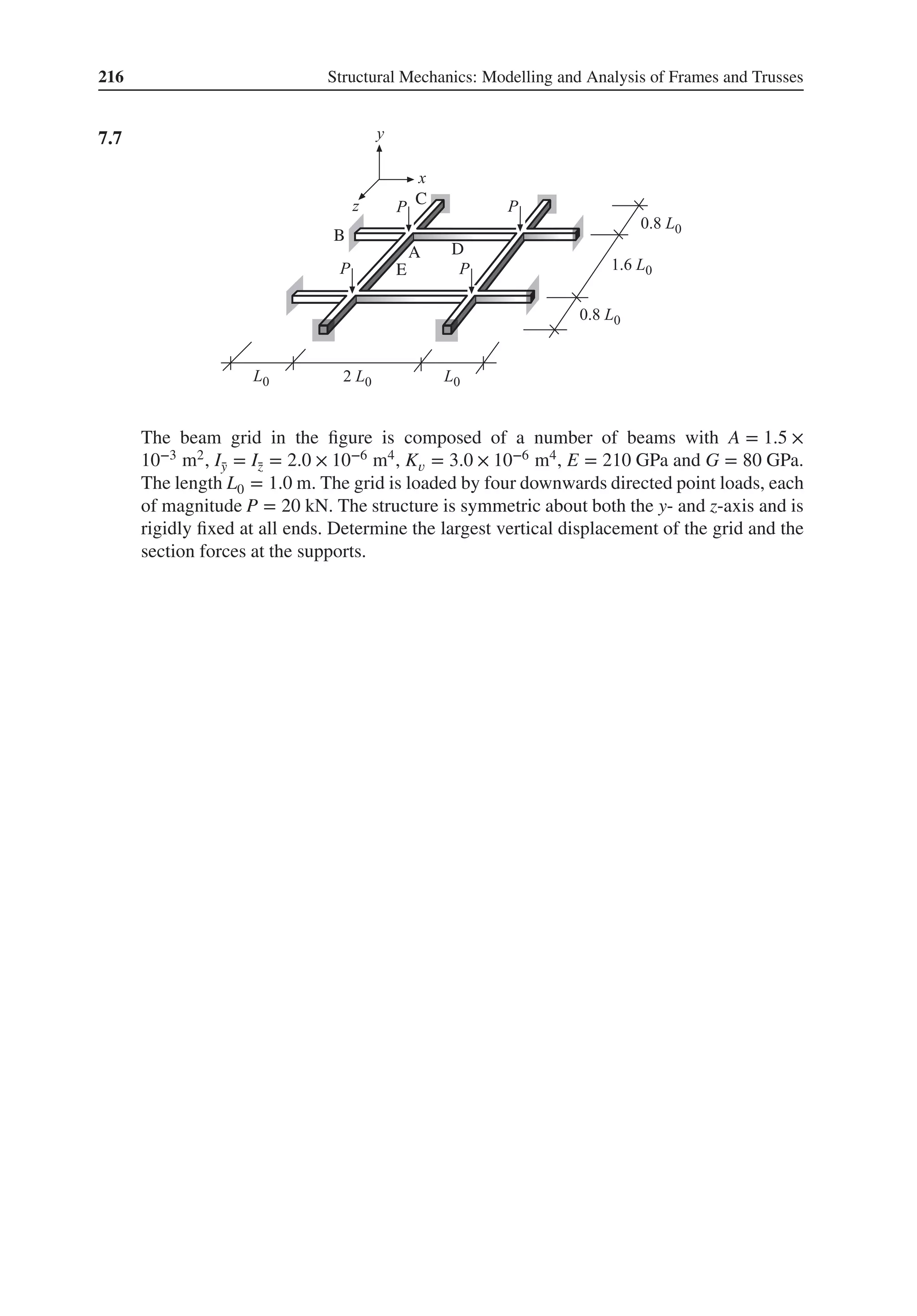 216 Structural Mechanics: Modelling and Analysis of Frames and Trusses
7.7 .
E
A
B
C
D
The beam grid in the figure is composed of a number of beams with A = 1.5 ×
10−3 m2, Ī
y = Ī
z = 2.0 × 10−6 m4, K𝑣 = 3.0 × 10−6 m4, E = 210 GPa and G = 80 GPa.
The length L0 = 1.0 m. The grid is loaded by four downwards directed point loads, each
of magnitude P = 20 kN. The structure is symmetric about both the y- and z-axis and is
rigidly fixed at all ends. Determine the largest vertical displacement of the grid and the
section forces at the supports.
 