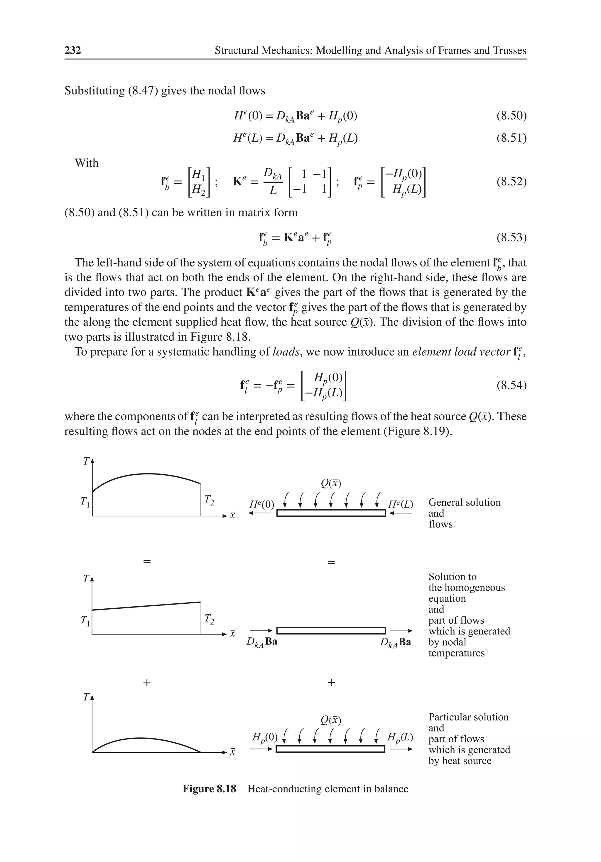 232 Structural Mechanics: Modelling and Analysis of Frames and Trusses
Substituting (8.47) gives the nodal flows
He
(0) = DkABae
+ Hp(0) (8.50)
He
(L) = DkABae
+ Hp(L) (8.51)
With
fe
b =
[
H1
H2
]
; Ke
=
DkA
L
[
1 −1
−1 1
]
; fe
p =
[
−Hp(0)
Hp(L)
]
(8.52)
(8.50) and (8.51) can be written in matrix form
fe
b = Ke
ae
+ fe
p (8.53)
The left-hand side of the system of equations contains the nodal flows of the element fe
b
, that
is the flows that act on both the ends of the element. On the right-hand side, these flows are
divided into two parts. The product Keae gives the part of the flows that is generated by the
temperatures of the end points and the vector fe
p gives the part of the flows that is generated by
the along the element supplied heat flow, the heat source Q(̄
x). The division of the flows into
two parts is illustrated in Figure 8.18.
To prepare for a systematic handling of loads, we now introduce an element load vector fe
l
,
fe
l = −fe
p =
[
Hp(0)
−Hp(L)
]
(8.54)
where the components of fe
l
can be interpreted as resulting flows of the heat source Q(̄
x). These
resulting flows act on the nodes at the end points of the element (Figure 8.19).
( )
( )
( )
( )
Figure 8.18 Heat-conducting element in balance
 