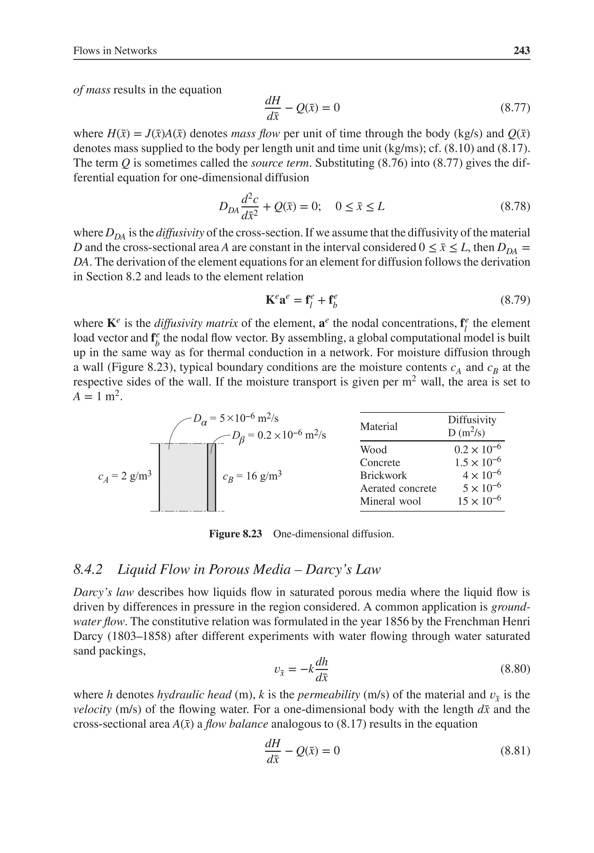 Flows in Networks 243
of mass results in the equation
dH
d̄
x
− Q(̄
x) = 0 (8.77)
where H(̄
x) = J(̄
x)A(̄
x) denotes mass flow per unit of time through the body (kg/s) and Q(̄
x)
denotes mass supplied to the body per length unit and time unit (kg/ms); cf. (8.10) and (8.17).
The term Q is sometimes called the source term. Substituting (8.76) into (8.77) gives the dif-
ferential equation for one-dimensional diffusion
DDA
d2c
d̄
x2
+ Q(̄
x) = 0; 0 ≤ ̄
x ≤ L (8.78)
where DDA is the diffusivity of the cross-section.If we assume that the diffusivity of the material
D and the cross-sectional area A are constant in the interval considered 0 ≤ ̄
x ≤ L, then DDA =
DA. The derivation of the element equations for an element for diffusion follows the derivation
in Section 8.2 and leads to the element relation
Ke
ae
= fe
l + fe
b (8.79)
where Ke is the diffusivity matrix of the element, ae the nodal concentrations, fe
l
the element
load vector and fe
b
the nodal flow vector. By assembling, a global computational model is built
up in the same way as for thermal conduction in a network. For moisture diffusion through
a wall (Figure 8.23), typical boundary conditions are the moisture contents cA and cB at the
respective sides of the wall. If the moisture transport is given per m2 wall, the area is set to
A = 1 m2.
Material
Diffusivity
D (m2
/s)
Wood 0.2 × 10−6
1.5 × 10−6
4 × 10−6
5 × 10−6
15 × 10−6
Concrete
Brickwork
Aerated concrete
Mineral wool
α
β
Figure 8.23 One-dimensional diffusion.
8.4.2 Liquid Flow in Porous Media – Darcy’s Law
Darcy’s law describes how liquids flow in saturated porous media where the liquid flow is
driven by differences in pressure in the region considered. A common application is ground-
water flow. The constitutive relation was formulated in the year 1856 by the Frenchman Henri
Darcy (1803–1858) after different experiments with water flowing through water saturated
sand packings,
𝑣̄
x = −k
dh
d̄
x
(8.80)
where h denotes hydraulic head (m), k is the permeability (m/s) of the material and 𝑣̄
x is the
velocity (m/s) of the flowing water. For a one-dimensional body with the length d̄
x and the
cross-sectional area A(̄
x) a flow balance analogous to (8.17) results in the equation
dH
d̄
x
− Q(̄
x) = 0 (8.81)
 